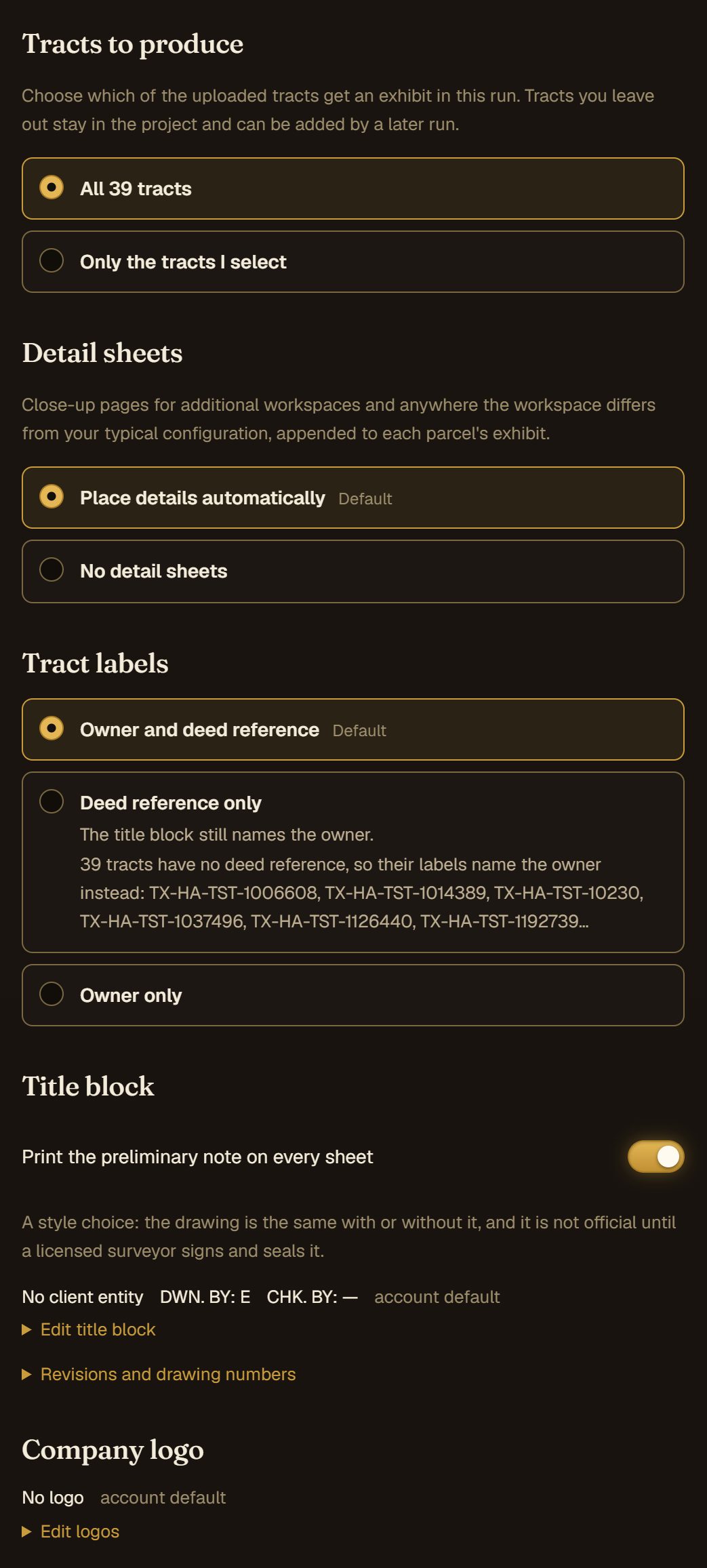 Tracts, detail sheets, labels and the title block