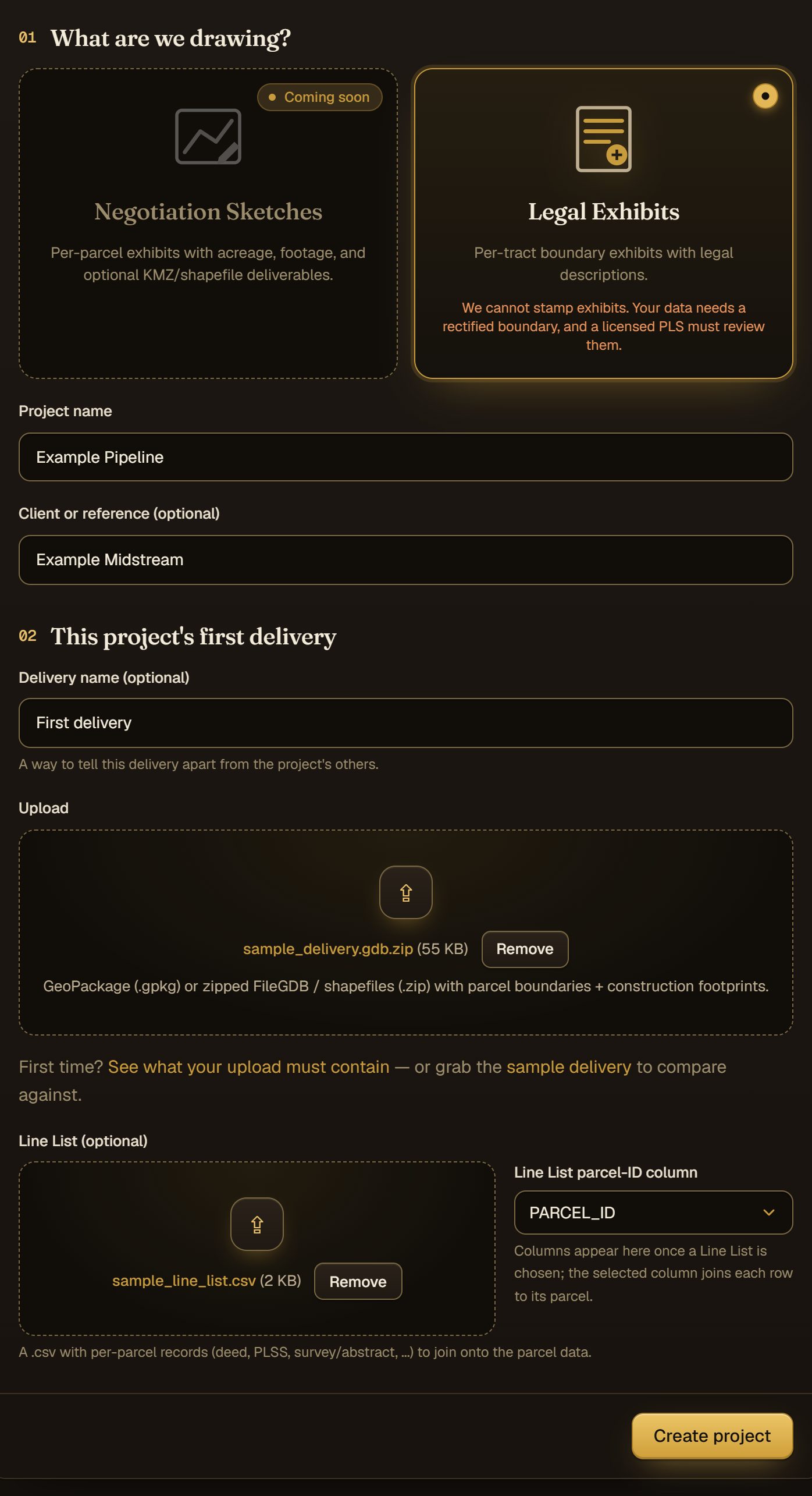 The new project form for legal exhibits